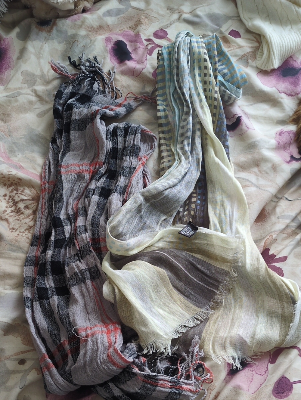 Lightweight Checked Fashion Scarves in Black and Cream, One Made In Italy.